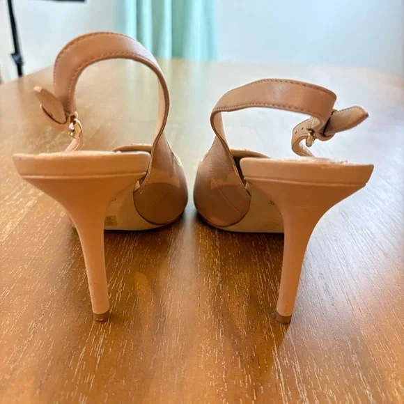 Coach ALLIE Beige Nude Leather Slingback Pump Stiletto Logo On Toe Luxury - Picture 13 of 14